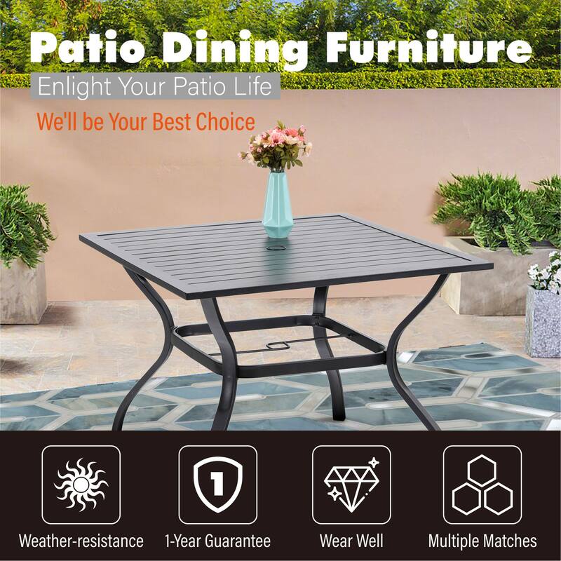 Phi Villa 37" Metal Steel Slat Patio Dining Table , 1.57" Umbrella Hole, Black Bed Bath
